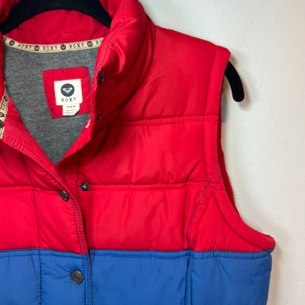 Roxy Quilted Puffer Vest Red Blue Colorblock 70s Retro Lined Cozy Outdoor Medium - Picture 6 of 11